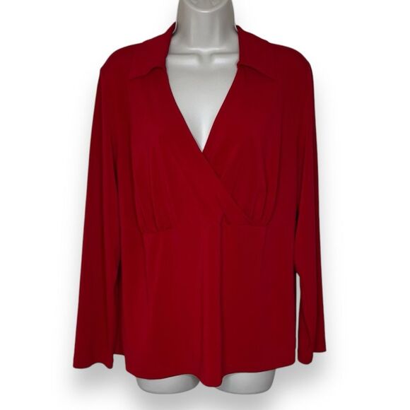 Lane Bryant Red Surplice Faux Wrap Long Sleeve Collared Blouse Women Size 14/16 - Picture 1 of 11